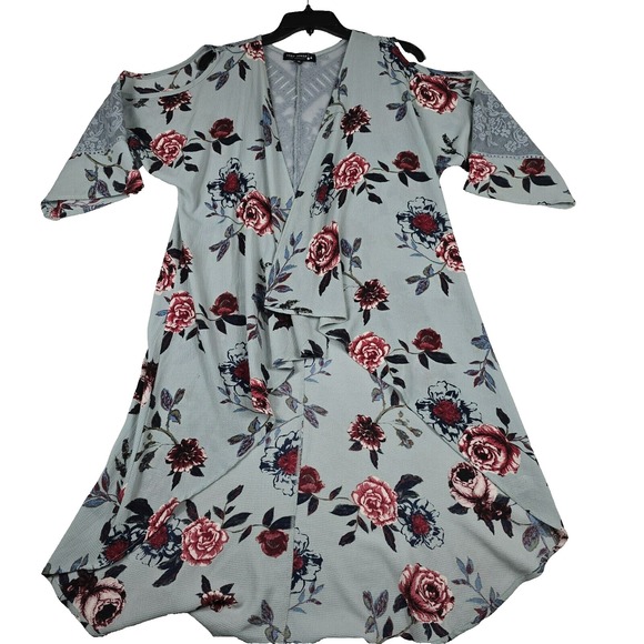 Star Scene Los Angeles Floral Blue Lace Cold Shoulder Kimono Women's Size Medium - Picture 1 of 8